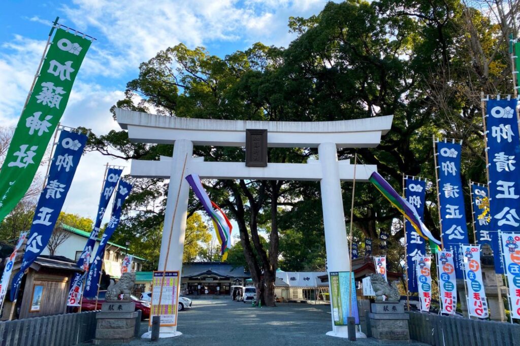 The torii gate of Kato Shrine with banners