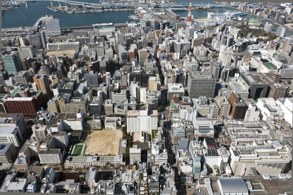 9月26・27日、天神一帯が会場のMUSIC CITY TENJIN 2026。入場無料・雨天決行、市役所西側ふれあい広場ほか 天神地区の空撮
