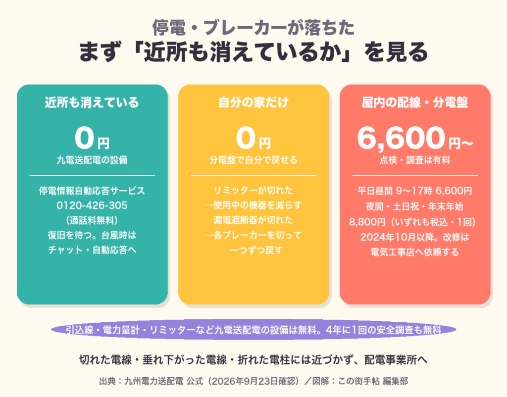 近所も消えているなら九電送配電の設備で無料、自分の家だけなら分電盤、屋内の配線・分電盤の点検調査は6,600円から