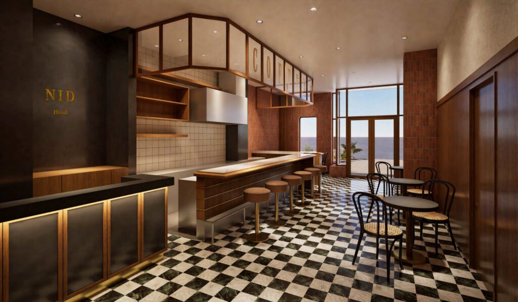 【開店予定】福岡の新店9件。HOTEL NID・天神シャングリラ・ギンノモリなど10〜12月 1階のカフェバー(イメージ)