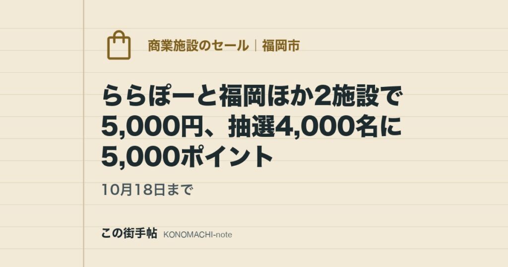 10月18日まで。ららぽーと福岡ほか2施設で5,000円、抽選4,000名に5,000ポイント