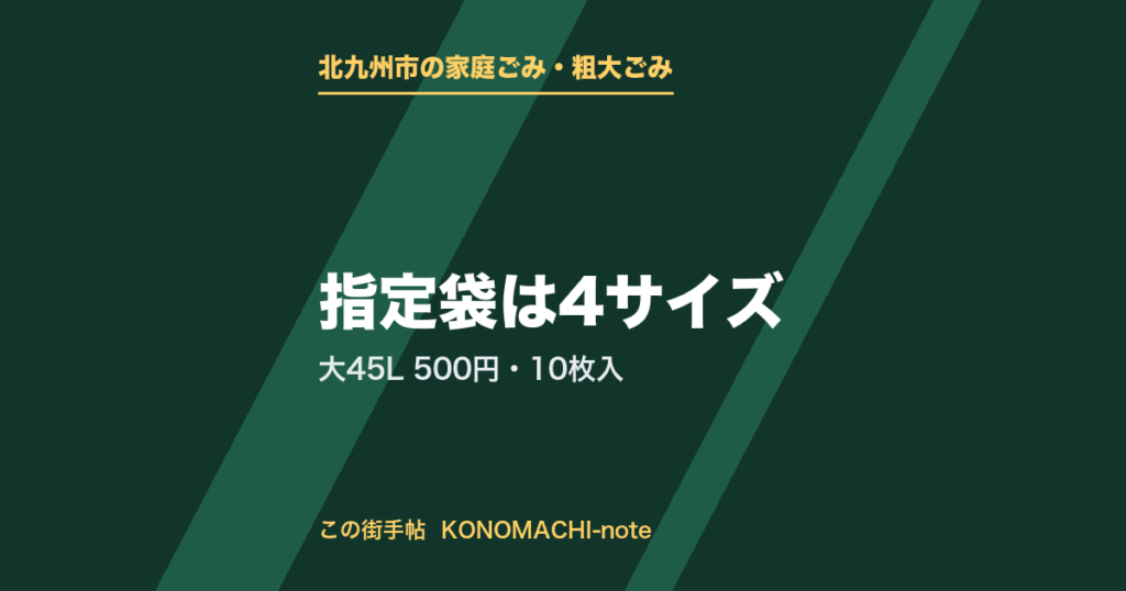 北九州市の家庭ごみと粗大ごみ。青色の指定袋4サイズ、大45リットル500円を示すテキスト画像