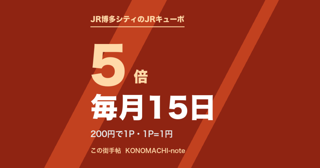 JR博多シティのJRキューポ。毎月15日はポイント5倍、200円で1ポイントであることを示すテキスト画像