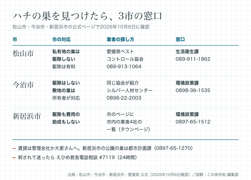 ハチの巣を見つけたときの3市の窓口の早見表。松山市は私有地の巣を駆除せず、業者紹介は愛媛県ペストコントロール協会089-913-1064、窓口は生活衛生課089-911-1862。今治市は駆除をせず、同じ協会かシルバー人材センター0898-22-2003、窓口は環境政策課0898-36-1535。新居浜市は駆除も費用の助成もせず、市のページに市内の業者4社の一覧、窓口は環境政策課0897-65-1512