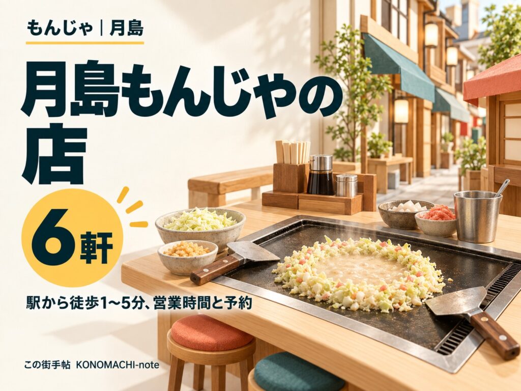 月島もんじゃの店6軒|駅から徒歩1〜5分、営業時間と予約(イメージイラスト)
