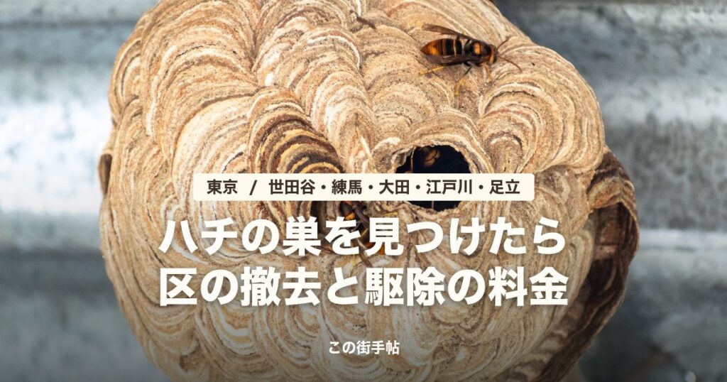 スズメバチの巣の写真に、東京の区のハチの巣の撤去の文字
