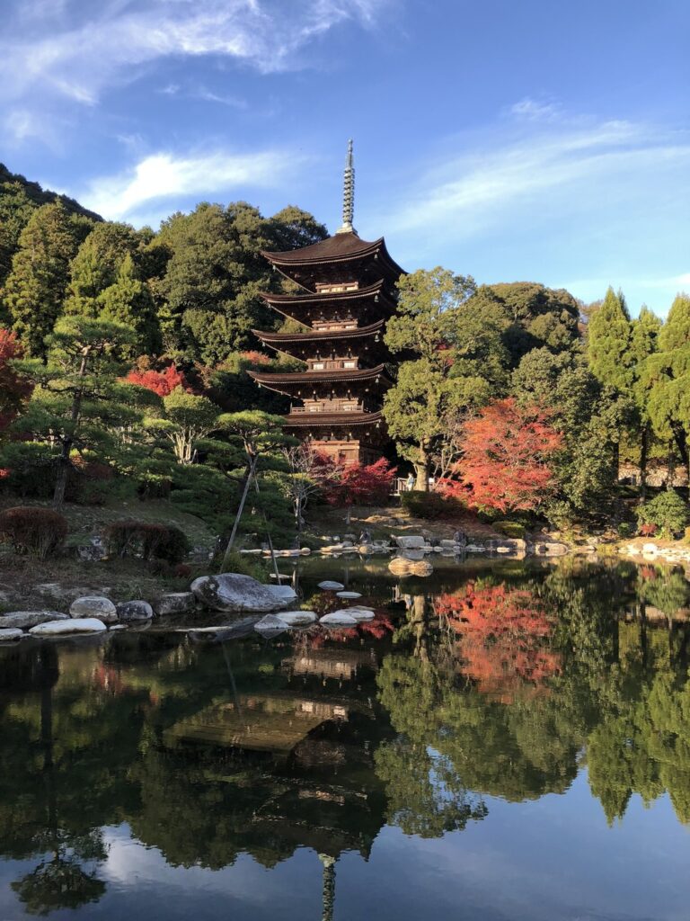 山口の紅葉とライトアップ2026|7か所の見頃目安・料金・駐車場 瑠璃光寺五重塔(香山公園)の池と紅葉